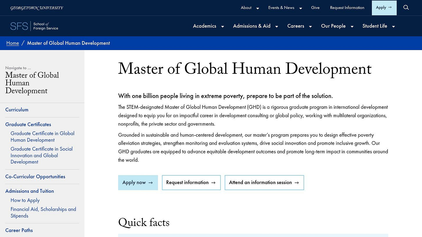 Georgetown University, Master of Global Human Development (GHD), Walsh School of Foreign Service