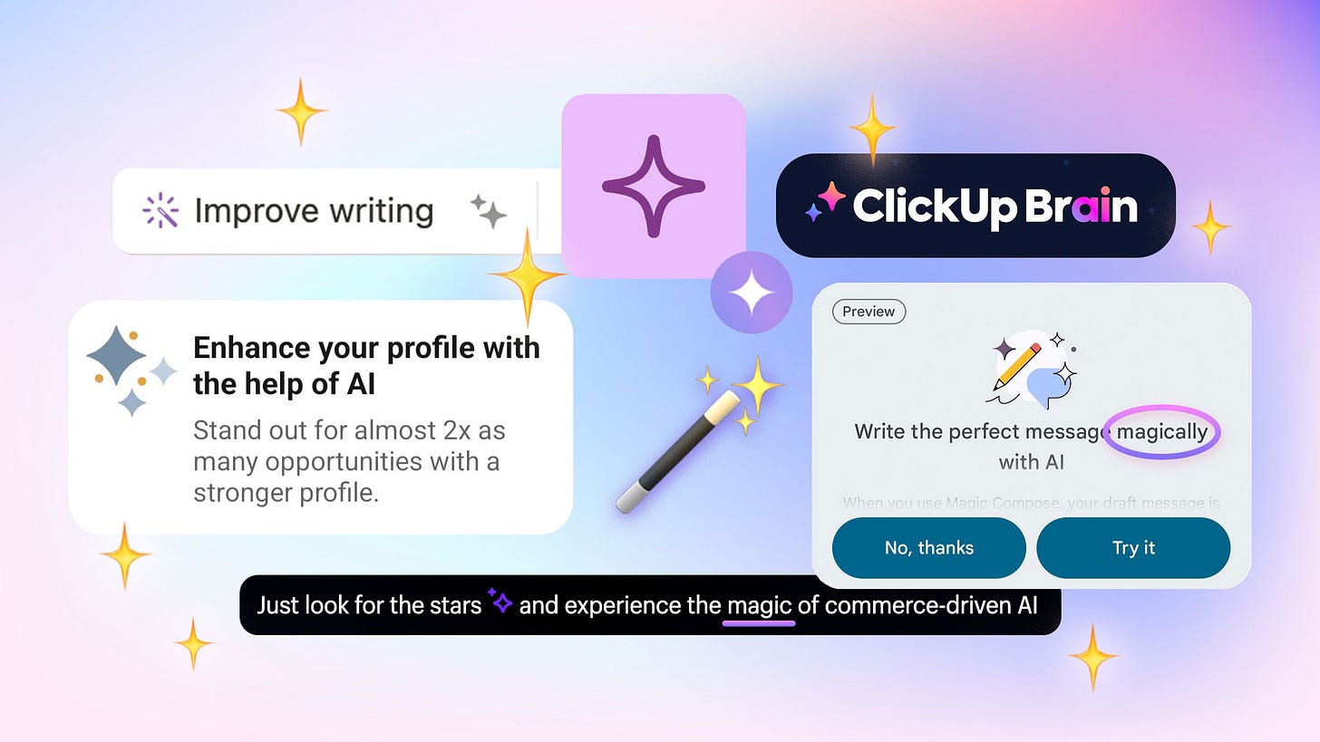 Screenshots of different AI features, all using the sparkle emoji or magic wand as their icon. Many also reference magic specifically. The screenshots are surrounded by stars.