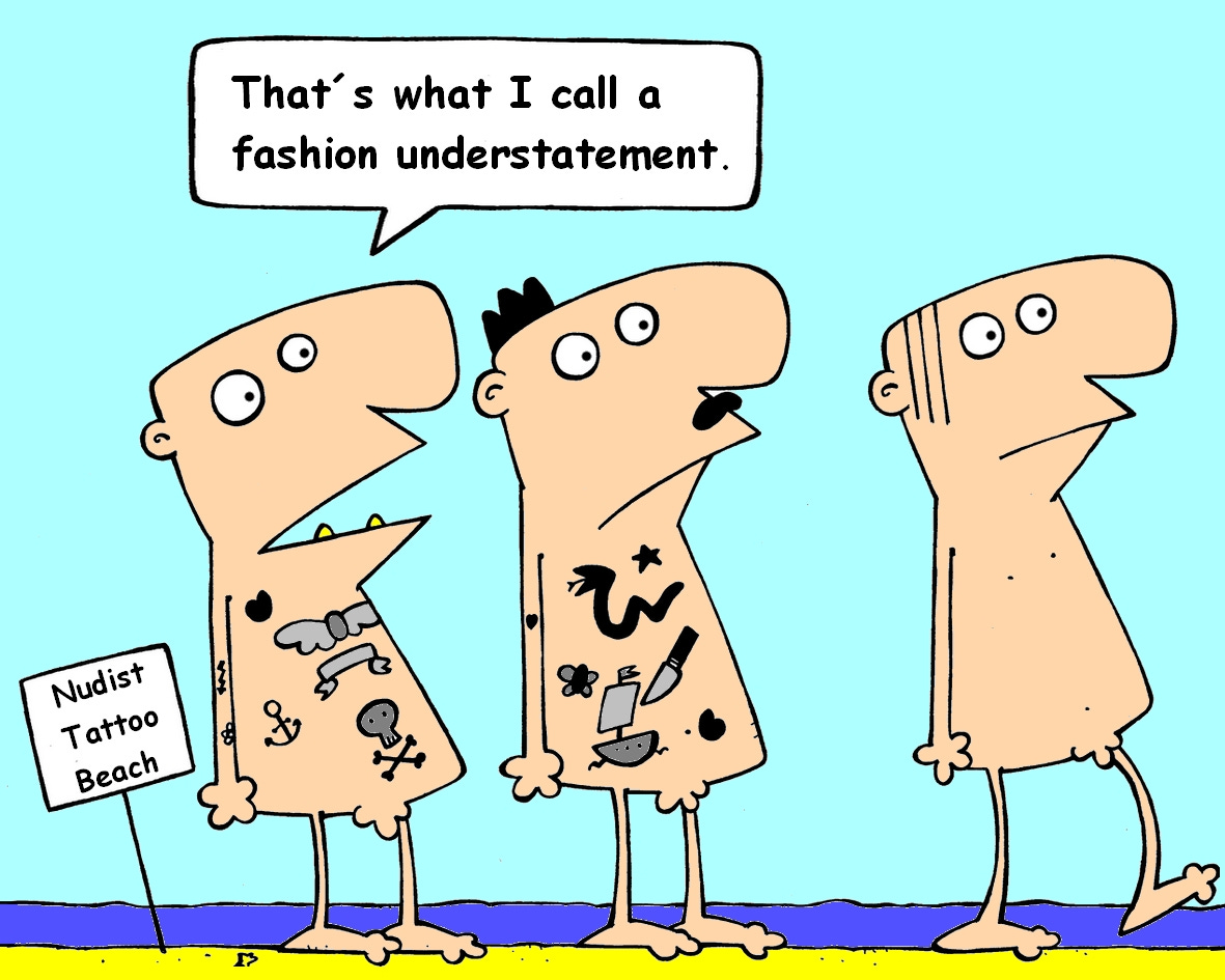 Three nude men stand on a beach beside a sign that reads “Nudist Tattoo Beach.” The first two are covered in tattoos, while the third is completely unmarked. The first man, glancing at the plain one, remarks, “That’s what I call a fashion understatement.”