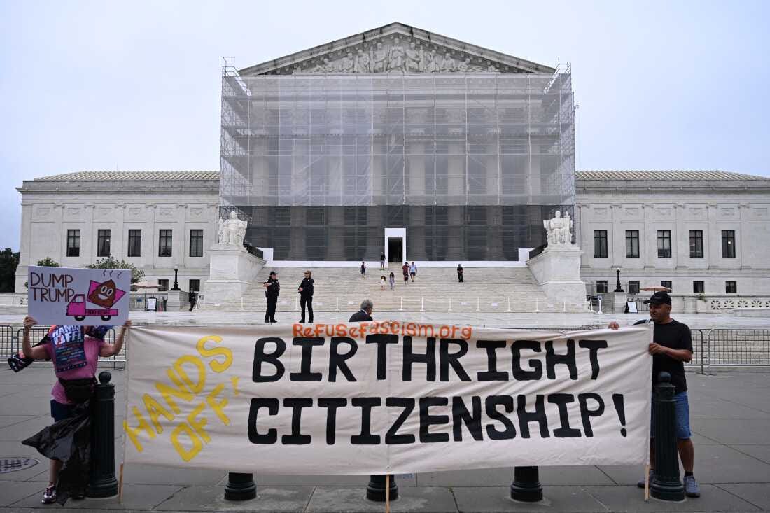 Demonstrators hold a sign reading "Hands Off Birthright Citizenship!" outside the Supreme Court on June 27, 2025. The Supreme Court did not rule on President Trump's controversial executive order, but it did limit lower courts' ability to block executive actions with universal injunctions. Demonstrators hold a sign reading "Hands Off Birthright Citizenship!" outside the Supreme Court on June 27, 2025. The Supreme Court did not rule on President Trump's controversial executive order, but it did limit lower courts' ability to block executive actions with universal injunctions.