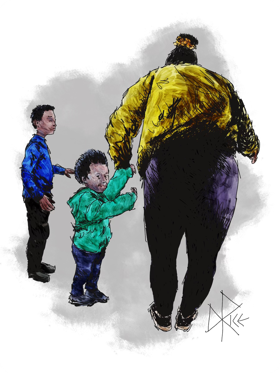 Two young boys and a woman dancing, the younger boy smiling and holding hands with his mom as she spins him in a pirouette. Sketch art by Don Rice.