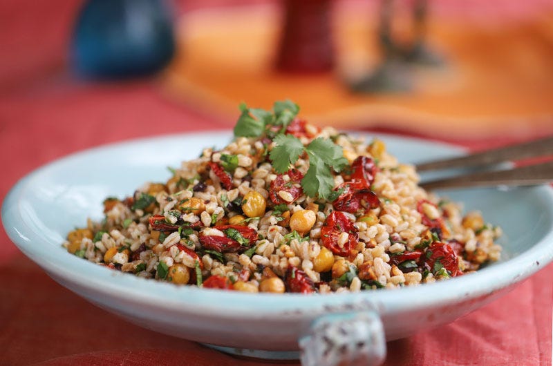 Mediterranean Farro Salad With Roasted Cherry Tomatoes, Olives, Chickpeas & Cilantro, Cook the Vineyard