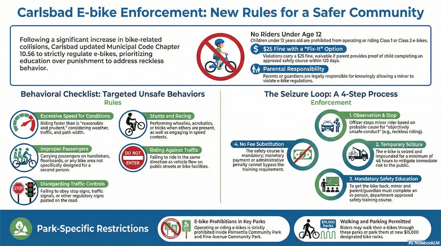 The Carlsbad City Council approved new e-bike regulations, including a ban on riders under 12, on Tuesday. The council also adopted several other amendments to the city’s municipal code. Steve Puterski graphic/AI