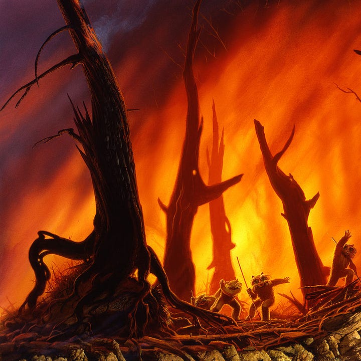 LEFT: Background detail from FUZZY FIRE featuring the forest ablaze. The jagged trunks of trees stand in contrast to the intense fire. Several Fuzzies RIGHT: Figure detail from FUZZY FIRE featuring a furry alien with huge green eyes propping up an exhausted companion a cliff's edge while a forest fire rages in the background.