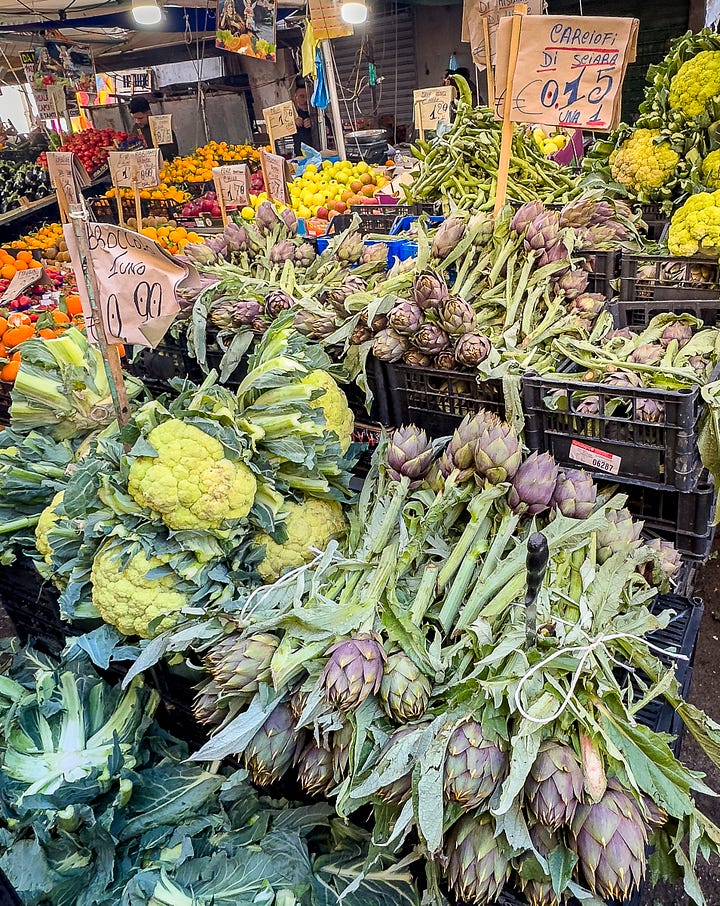 Fresh artichokes, broccoli, fave beans!