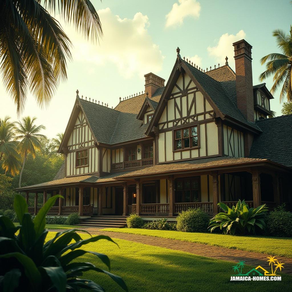 A majestic Tudor-style mansion in Jamaica, with steeply pitched gable roofs, half-timbering, and tall narrow windows with diamond-shaped panes, set against a lush tropical backdrop