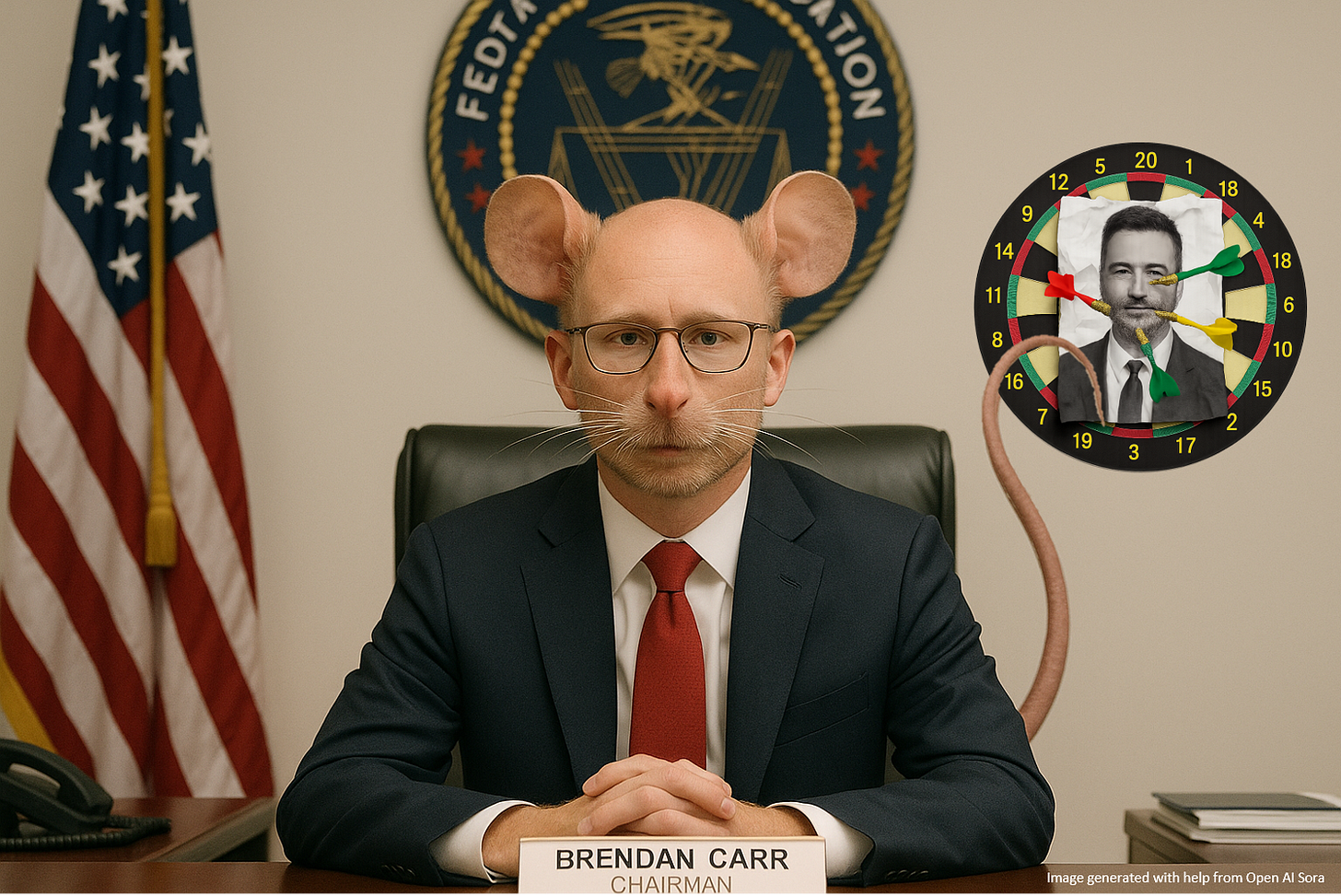 Picture of Federal Communications Commission Chairman Brendan  Carr, seated at his desk. On the wall behind him is a picture of Jimmy Kimmel, taped to dart board, riddled with darts.