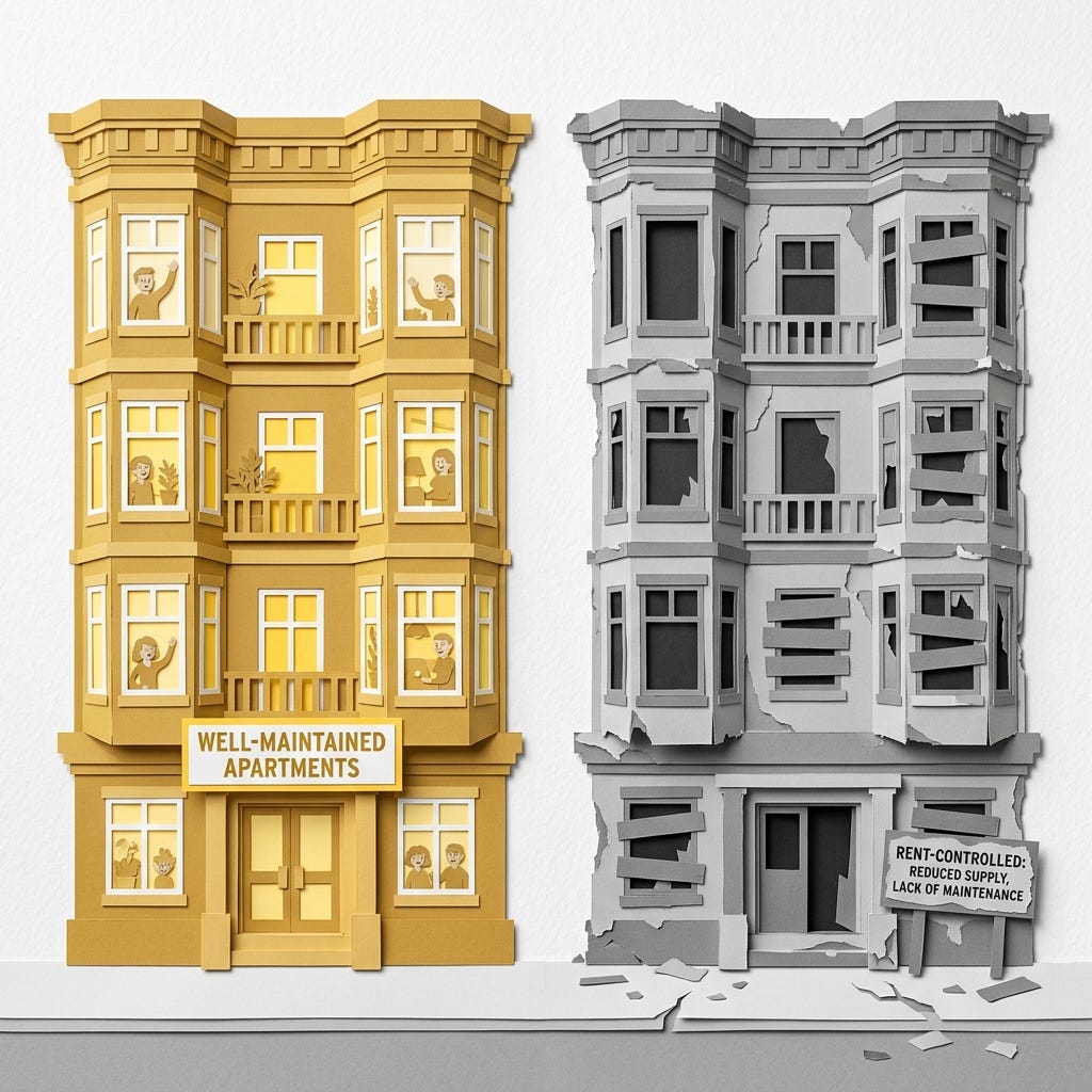 Layered papercut of two identical apartment buildings side by side: on the left a golden yellow well-maintained building with cheerful residents visible in lit windows, and on the right the same building shape in crumbling grey with boarded windows and empty doorways and a sign reading "rent-controlled: reduced supply, lack of maintenance," illustrating the well-documented finding from Diamond, McQuade, and Qian's 2019 American Economic Review study that San Francisco's rent control expansion reduced the city's rental housing supply by 15 percent and pushed citywide rents up by 5.1 percent for those outside controlled units Layered papercut of two identical apartment buildings side by side: on the left a golden yellow well-maintained building with cheerful residents visible in lit windows, and on the right the same building shape in crumbling grey with boarded windows and empty doorways and a sign reading "rent-controlled: reduced supply, lack of maintenance," illustrating the well-documented finding from Diamond, McQuade, and Qian's 2019 American Economic Review study that San Francisco's rent control expansion reduced the city's rental housing supply by 15 percent and pushed citywide rents up by 5.1 percent for those outside controlled units