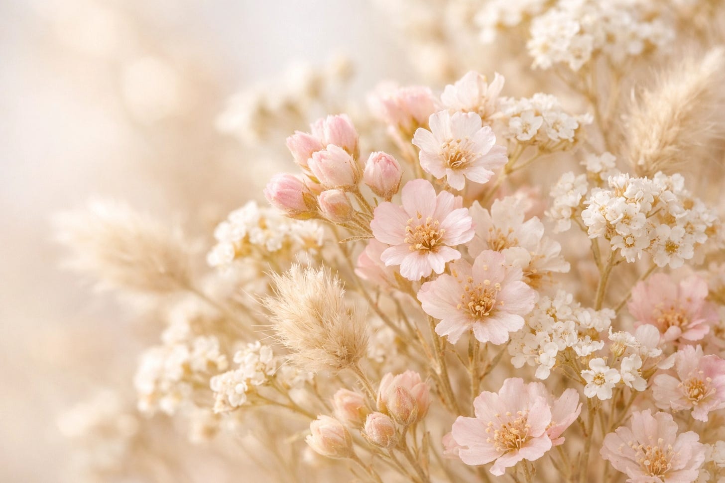 Wildflower cluster close-up in blush, gold, and neutral tones, softly lit with realistic texture.