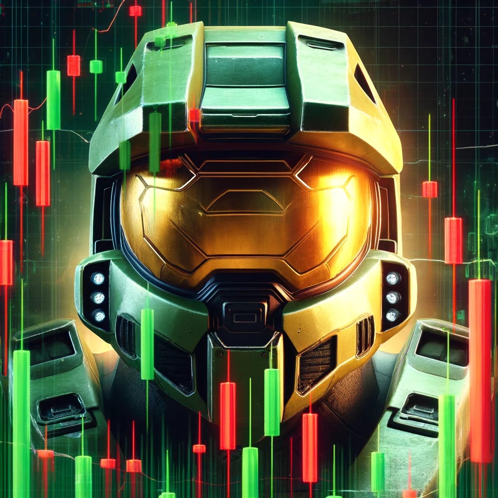 A blend of a stock chart with prominent green and red stock candles and the Halo game artwork. The scene features a flickering Master Chief head, facing front and blending seamlessly with the background of the stock chart. The stock chart candles are prominent, with green and red colors representing the traditional stock chart format. The visor of Master Chief's helmet has 'THE YEET' written in cool, stylish letters on top of the gold visor, making it clearly visible. The overall image combines financial data representation with the futuristic and rugged elements of the Halo universe, creating a unique and captivating visual.