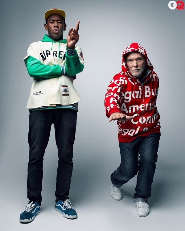 Photo by Supreme on July 16, 2024. May be an image of 2 people, sweater, fleece, magazine, parka, sweatshirt and text.
