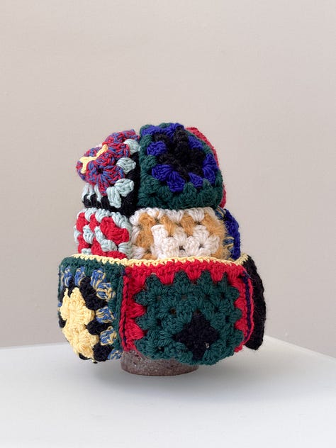 Red mixed granny crochet patchwork beanie