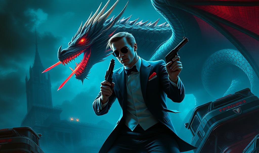 AI image of a suave secret agent and a dragon AI image of a suave secret agent and a dragon