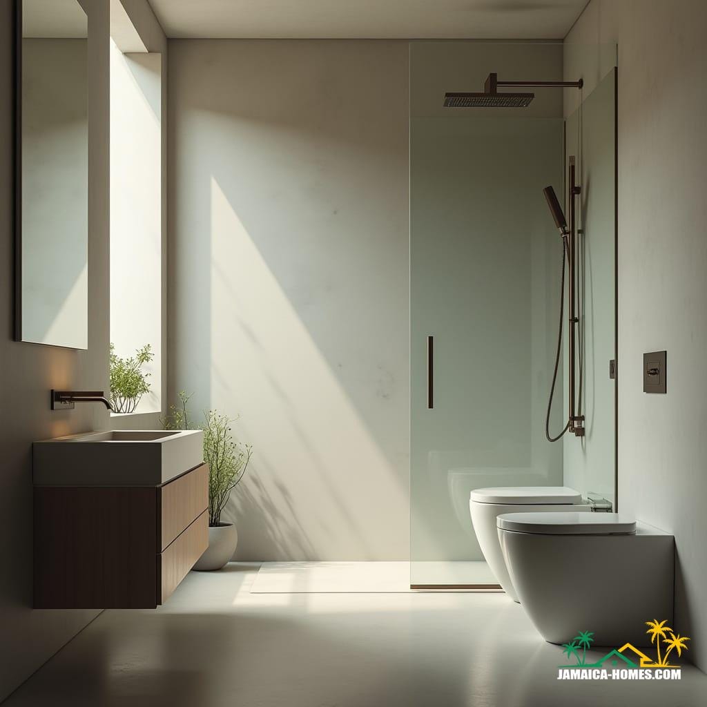 A serene, modern bathroom interior with a minimalist aesthetic, showcasing water-efficient fixtures: a sleek, low-flow faucet, a cutting-edge dual-flush toilet, and a state-of-the-art water-saving showerhead. Soft, cinematic lighting illuminates the space, with subtle film grain and a hint of vignette, evoking a sense of calm sophistication. Inspired by the cinematic styles of Emmanuel Lubezki, Hoyte van Hoytema, and Janusz Kaminski, the atmosphere is reminiscent of a 35mm film still, with a muted color palette and nuanced texture, inviting the viewer to contemplate the harmony of form and function in this eco-friendly oasis.