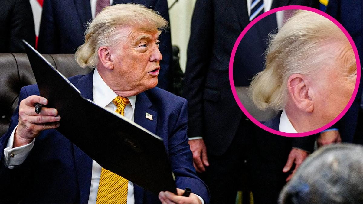 Photo of Donald Trump's signature blonde coif has undergone a transformation into what critics dubbed a 'MAGA Mullet.' Photo of Donald Trump's signature blonde coif has undergone a transformation into what critics dubbed a 'MAGA Mullet.'
