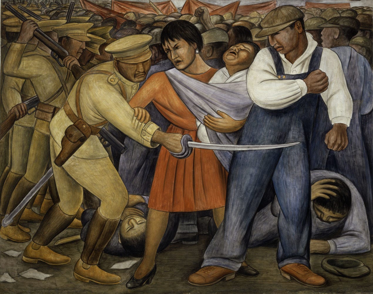 Na pintura uma mulher com um bebê no quadril e um trabalhador se defendem de um ataque de um soldado uniformizado. Atrás deles, uma multidão tumultuada entra em conflito com mais soldados, que forçam os manifestantes a se deitarem no chão. O local não é claro, embora o tom de pele das figuras indique que a cena se passa no México ou em outro país latino-americano. No início da década de 1930, uma era de agitação trabalhista generalizada, as imagens da repressão violenta de greves teriam repercutido entre o público dos EUA e da América Latina. A batalha aqui é um símbolo potente da luta de classes universal.