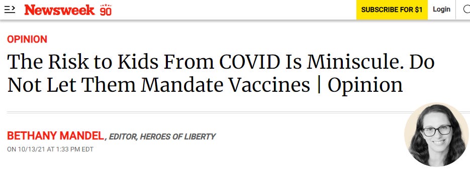 newsweek oped titled :the risk to kids from covid is miniscule"