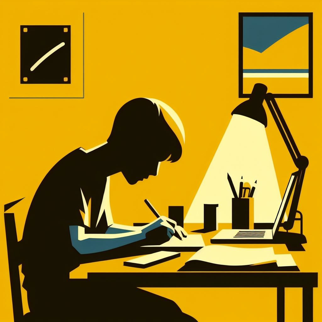 ultra minimalist triadic painting - yellow base - a student writing at their desk