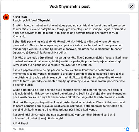 Pamjet dokumentuese të komenteve të shkëmbyera me profilin "Arlind Thaçi".