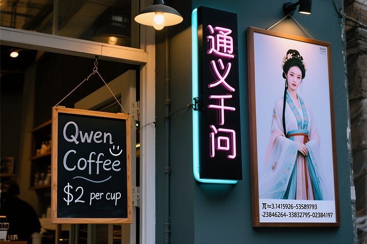 A coffee shop entrance features a chalkboard sign reading "Qwen Coffee 😊 $2 per cup," with a neon light beside it displaying "通义千问". Next to it hangs a poster showing a beautiful Chinese woman, and beneath the poster is written "π≈3.1415926-53589793-23846264-33832795-02384197".