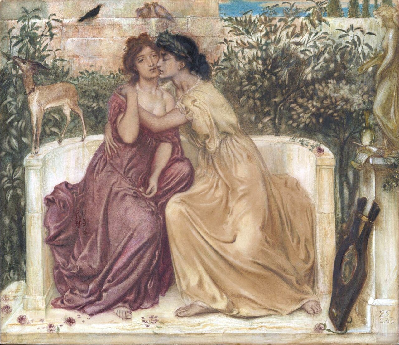 Two women embracing in a garden Two women embracing in a garden