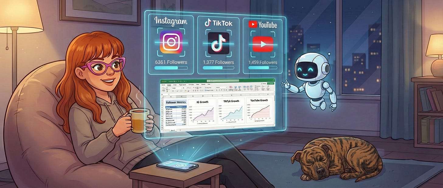 Illustrated scene of a woman relaxing in a chair at night, holding a mug while her phone projects a floating dashboard showing follower counts and growth charts for Instagram, TikTok, and YouTube. A small robot assistant hovers nearby as if helping manage the data, and a dog sleeps on the floor, emphasizing a calm, low-stress approach to tracking analytics. Illustrated scene of a woman relaxing in a chair at night, holding a mug while her phone projects a floating dashboard showing follower counts and growth charts for Instagram, TikTok, and YouTube. A small robot assistant hovers nearby as if helping manage the data, and a dog sleeps on the floor, emphasizing a calm, low-stress approach to tracking analytics.