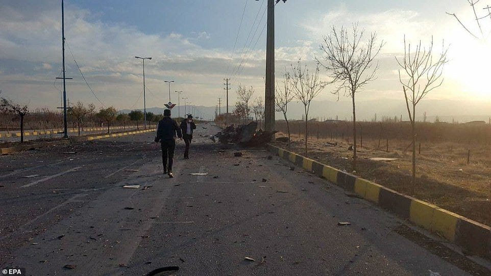 Ahwaze said the attack was planned for a roundabout in Absard, at the foot of a tree-lined boulevard which enters the city. Pictured: The aftermath of the attack