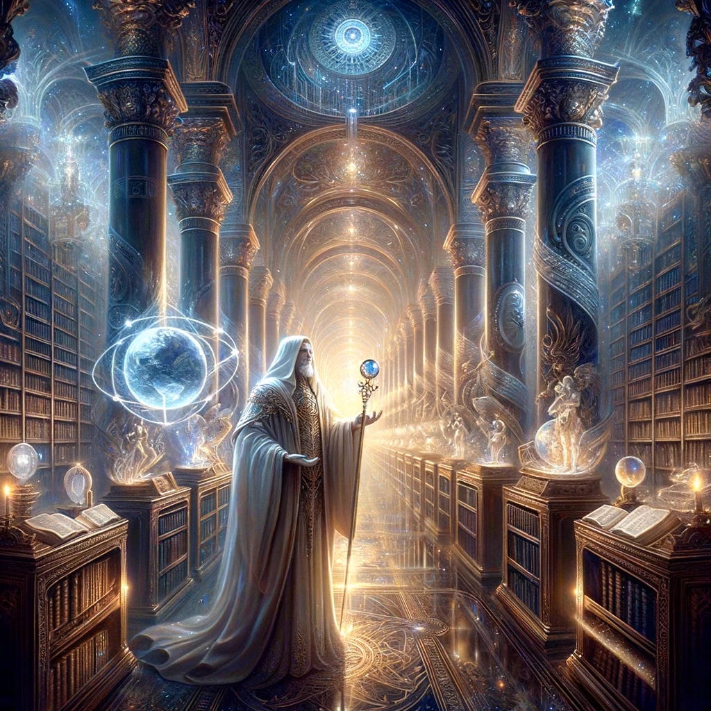 Visualize an ethereal Akashic library, vast and mystical, filled with endless rows of ancient, glowing books, and artifacts symbolizing knowledge and wisdom. In the center, the character from the Rider-Waite-Smith Tarot Deck's Two of Wands card oversees the library. This character is elegantly robed, holding a globe in one hand, symbolizing foresight and worldliness, and a staff in the other. The atmosphere is serene and otherworldly, with soft lighting that highlights the intricate details of the library shelves and the reflective expression of the character. The background is filled with celestial motifs and soft, mystical light, enhancing the sense of a transcendent, timeless space. Visualize an ethereal Akashic library, vast and mystical, filled with endless rows of ancient, glowing books, and artifacts symbolizing knowledge and wisdom. In the center, the character from the Rider-Waite-Smith Tarot Deck's Two of Wands card oversees the library. This character is elegantly robed, holding a globe in one hand, symbolizing foresight and worldliness, and a staff in the other. The atmosphere is serene and otherworldly, with soft lighting that highlights the intricate details of the library shelves and the reflective expression of the character. The background is filled with celestial motifs and soft, mystical light, enhancing the sense of a transcendent, timeless space.