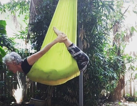 nine photos with a white haired woman in exercise clothing doing each of the Pilates exercises listed in the email