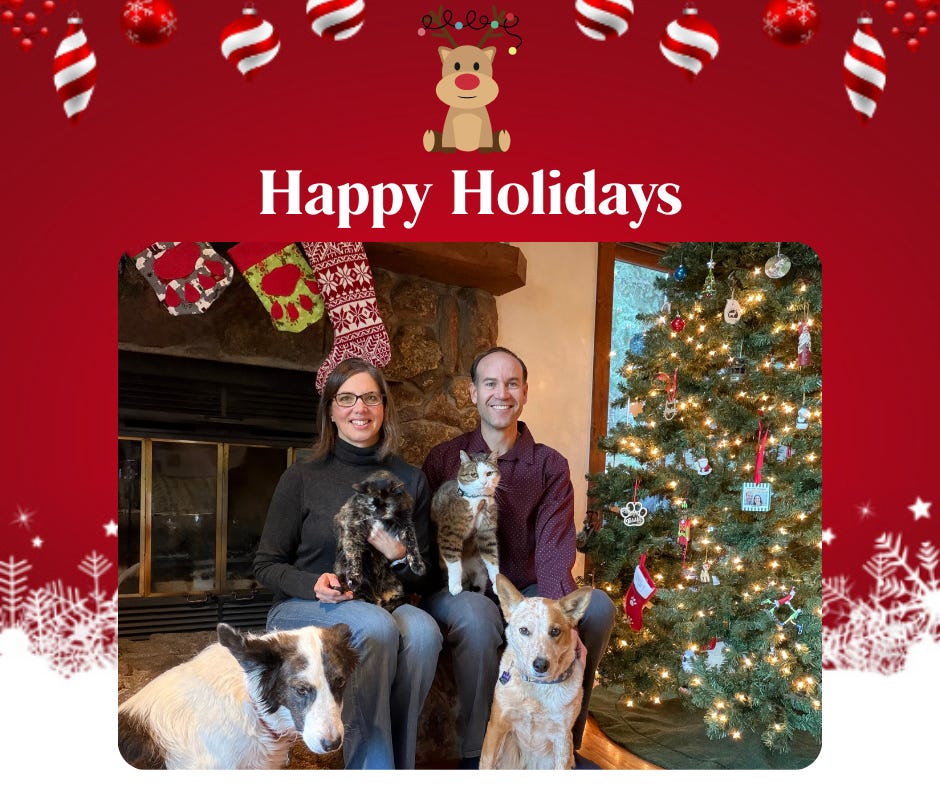 a happy holidays card with an image of two people, two cats, and two dogs by a decorated tree