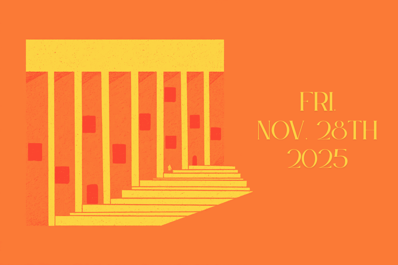 Abstract brutalist building with missing squares, stairs, and a figure climbing, evoking a Wordle-style word puzzle.