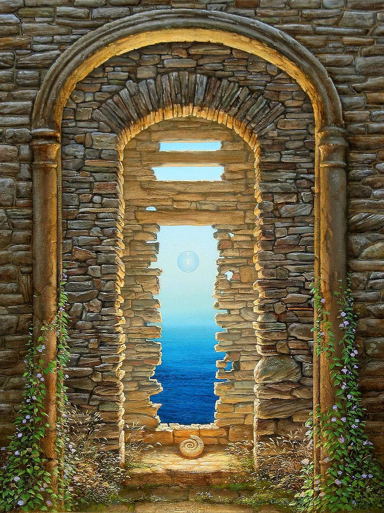 Rippling cobalt sea fades to pale sky as seen through a tall rectangular portal set in the wall of ancient ruins. Rough in outline where blocks are missing—showing through where the fit is uneven—the "window" outward is bathed in golden light and framed by an arched doorway, which is in turn bordered by a simple carved stone arch set in relief. The base is grown over with leafy vines blossoming with pale lavender wildflowers. Beyond the window floats a transparent sphere containing a solitary flame. Set on the stone step leading to the view out, the spiral of an ammonite rests open end up, drawing the viewers eye up to the floating sphere and above where missing blocks show through to pale blue. Rippling cobalt sea fades to pale sky as seen through a tall rectangular portal set in the wall of ancient ruins. Rough in outline where blocks are missing—showing through where the fit is uneven—the "window" outward is bathed in golden light and framed by an arched doorway, which is in turn bordered by a simple carved stone arch set in relief. The base is grown over with leafy vines blossoming with pale lavender wildflowers. Beyond the window floats a transparent sphere containing a solitary flame. Set on the stone step leading to the view out, the spiral of an ammonite rests open end up, drawing the viewers eye up to the floating sphere and above where missing blocks show through to pale blue.