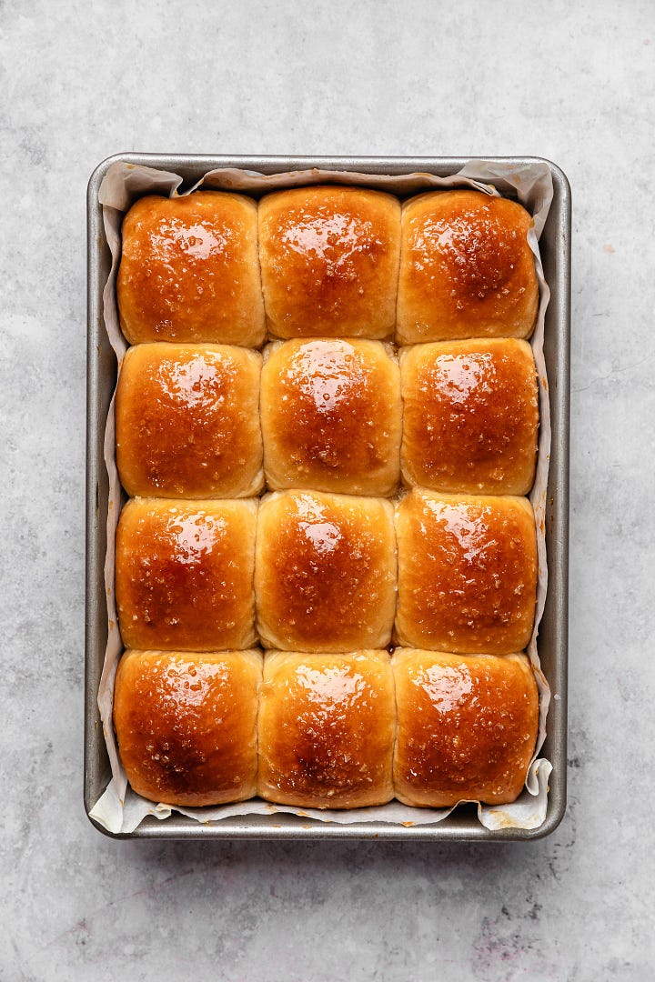 Gallery of stages of making vegan maple-glazed brioche buns seen from above