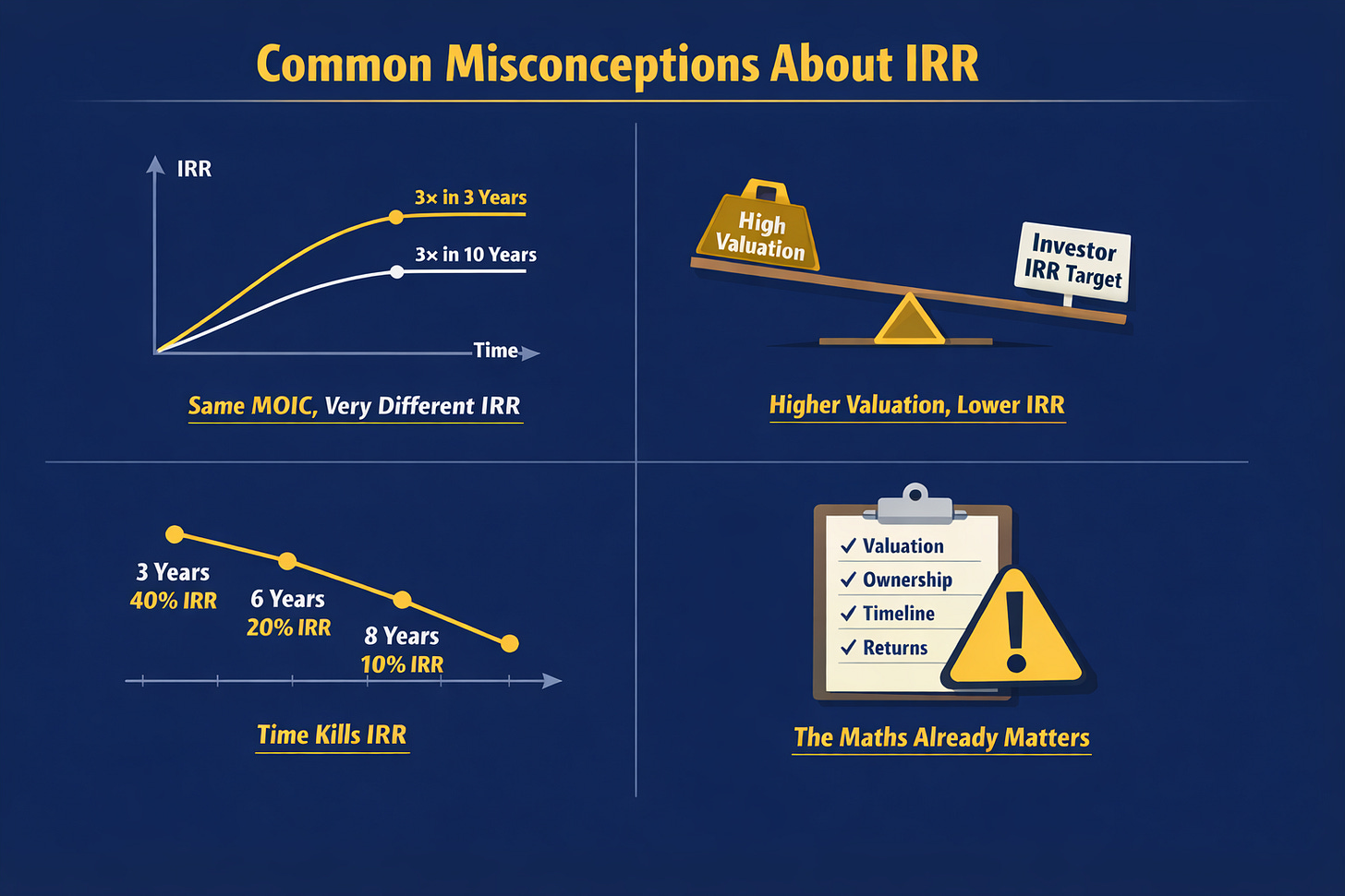Four-part infographic illustrating common IRR misconceptions, including how identical MOICs can produce different IRRs, how higher valuations reduce IRR, how longer timelines weaken returns, and why key investment maths already influences fundraising outcomes.