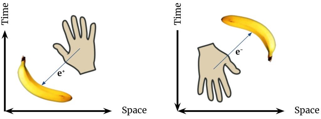 Conventionally, we say the banana emits a positron which strikes our hand. But Ernst Stueckelberg and Richard Feynman would say it is an equally valid description to say our hand emits an electron that travels backwards through time to the banana. Conventionally, we say the banana emits a positron which strikes our hand. But Ernst Stueckelberg and Richard Feynman would say it is an equally valid description to say our hand emits an electron that travels backwards through time to the banana.