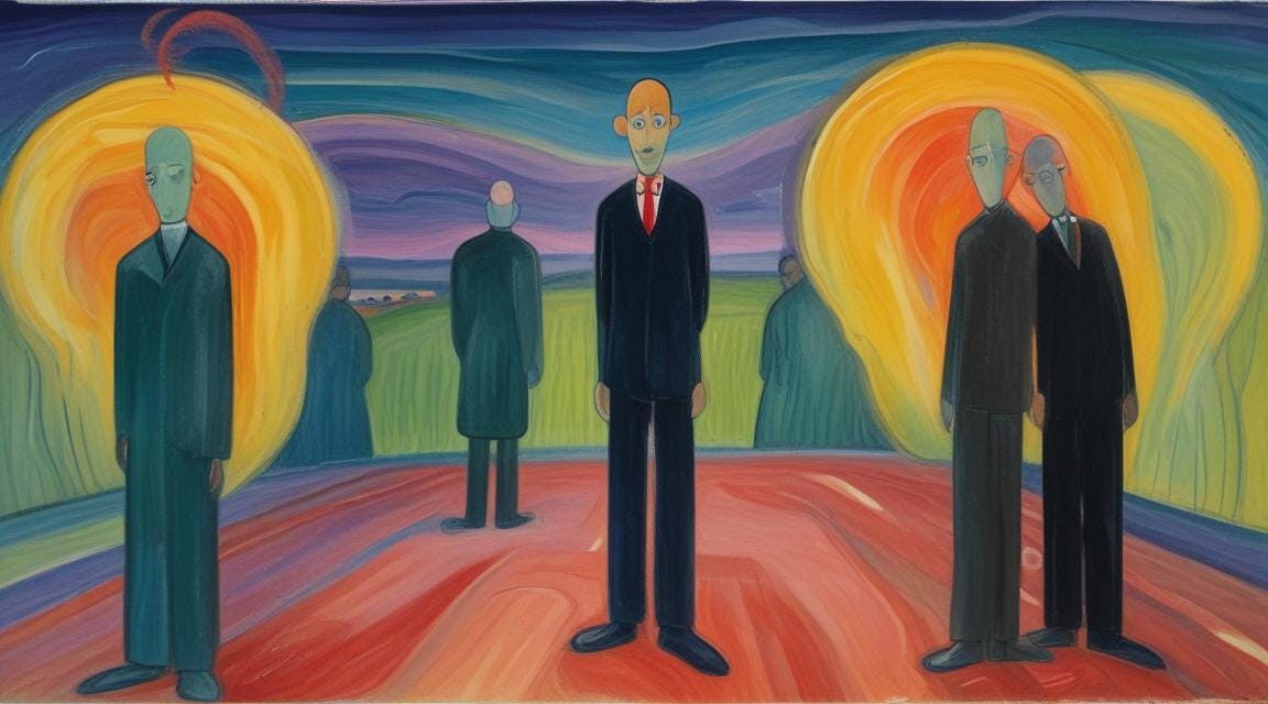 creepy men standing around with glowing halos behind them