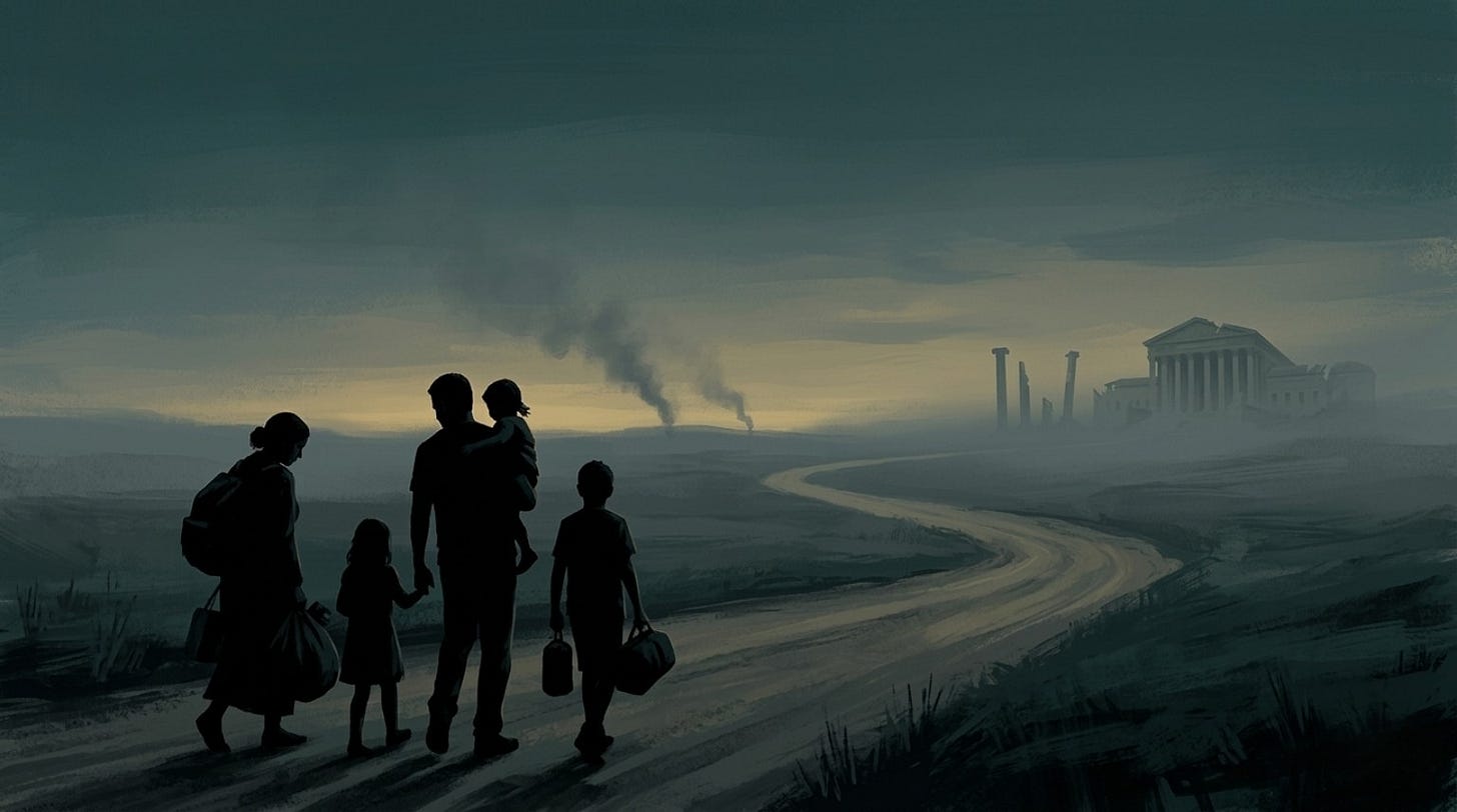 Illustration of a displaced family walking along a dark road at dusk, with smoke rising in the distance and a damaged civic building barely visible through haze.