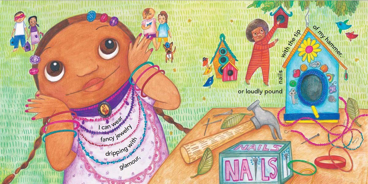 Illustration showing one happy child dressing in fancy jewelry, while another builds a birdhouse.