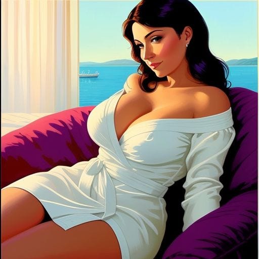 Colorful depiction of a woman lounging by the beachside in her condo. Bathrobed.
