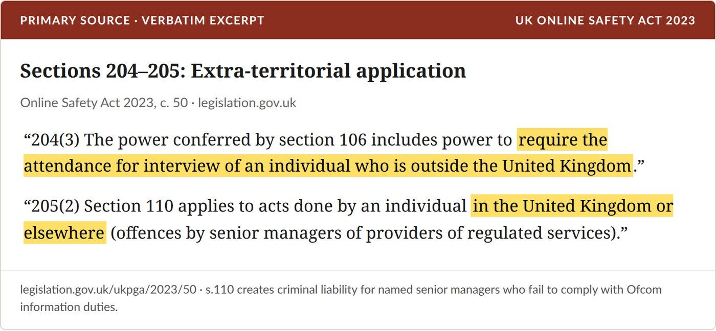 The Online Safety Act's extra-territorial sections, verbatim from legislation.gov.uk. Highlights added. The Online Safety Act's extra-territorial sections, verbatim from legislation.gov.uk. Highlights added.