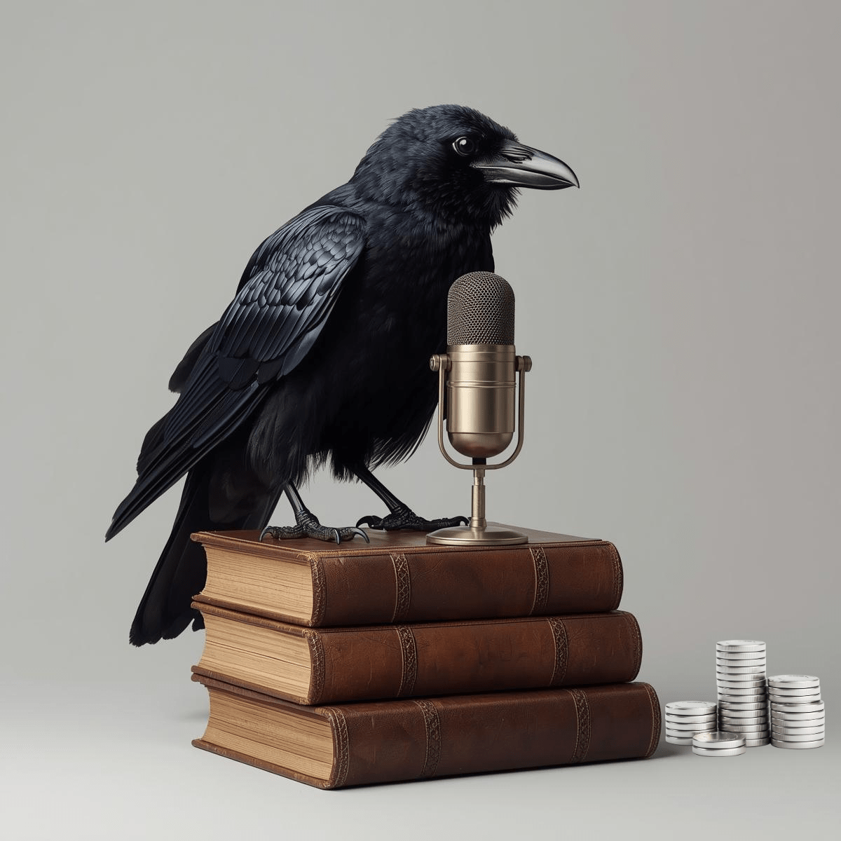 A crow sits atop three thick, brown, leather-bound books, with a microphone in front of it as though it is being interviewed. A small stack of silver coins sits to the right of the books..