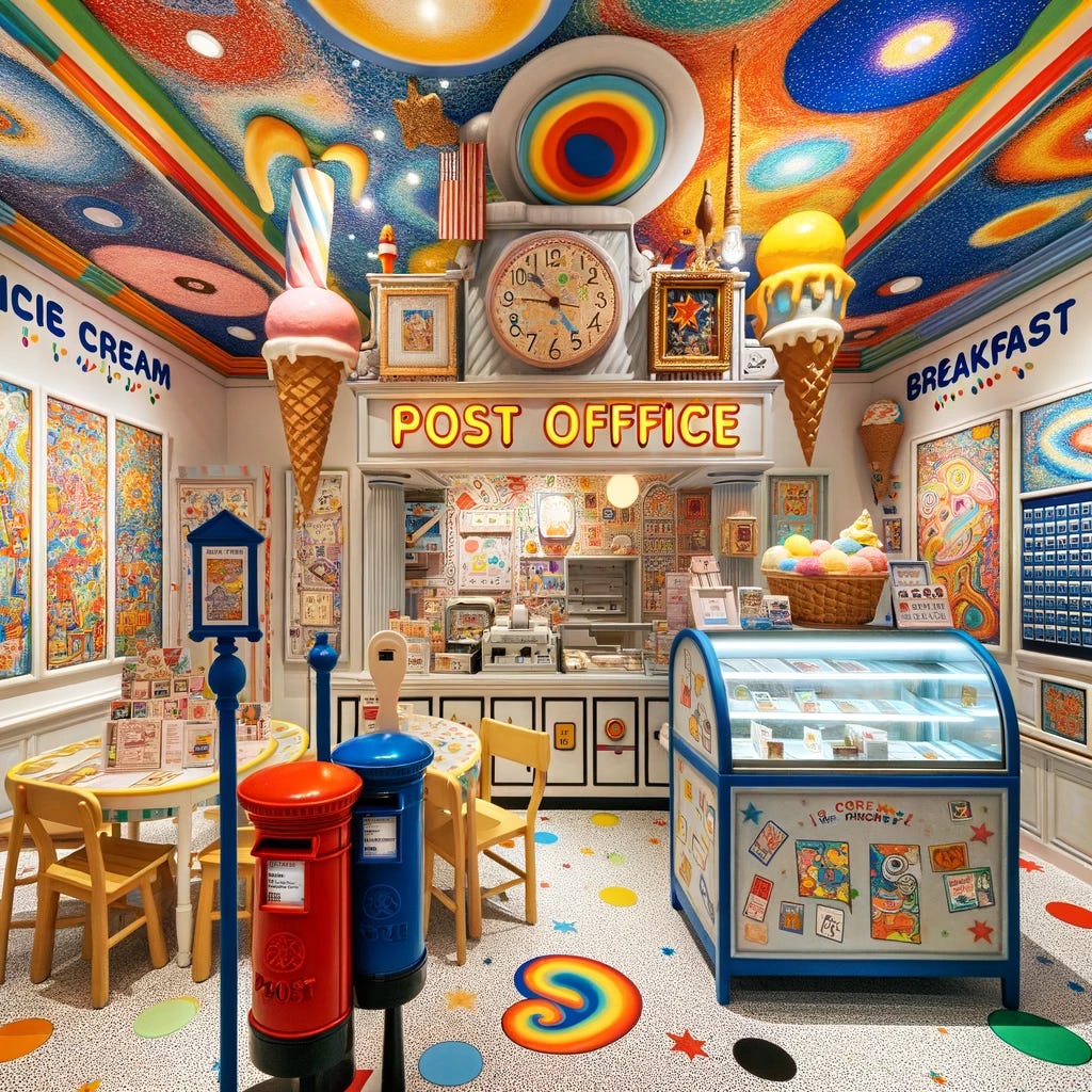 A whimsical, childlike post office that doubles as an ice cream and breakfast shop. The interior is bright and colorful, filled with an imaginative blend of postal elements like mailboxes and stamp displays, alongside ice cream stands and breakfast tables. The walls are adorned with vibrant, abstract paintings reminiscent of Rothko and Pollock's styles, using broad strokes and bold colors. The atmosphere is magical, as if lifted from a child's dream, with playful, fantastical decorations and a cheerful ambiance.
