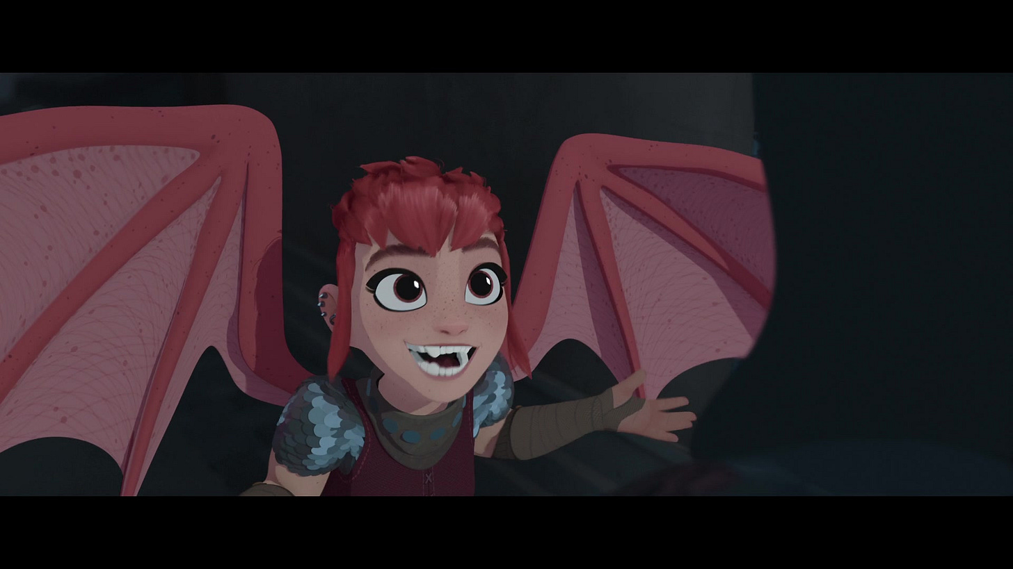 A screenshot of a red-headed girl with dragon wings sprouting out of her back.