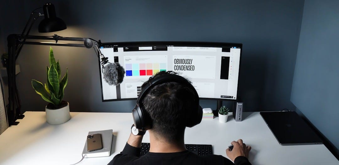 man in black shirt sitting in front of computer man in black shirt sitting in front of computer