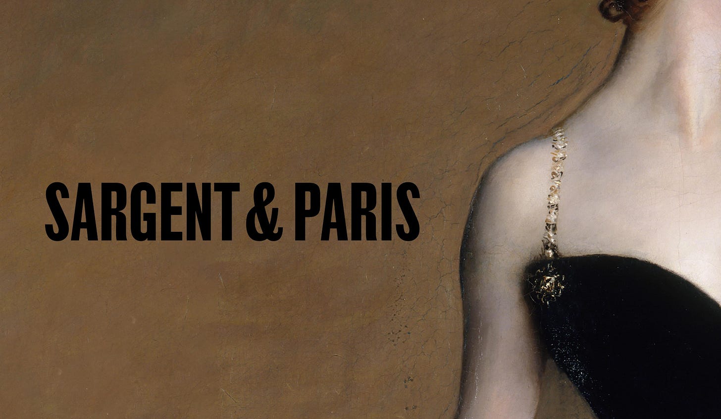 Close up of painting of a lady's shoulder and dress stadning in the front of a tan background. 