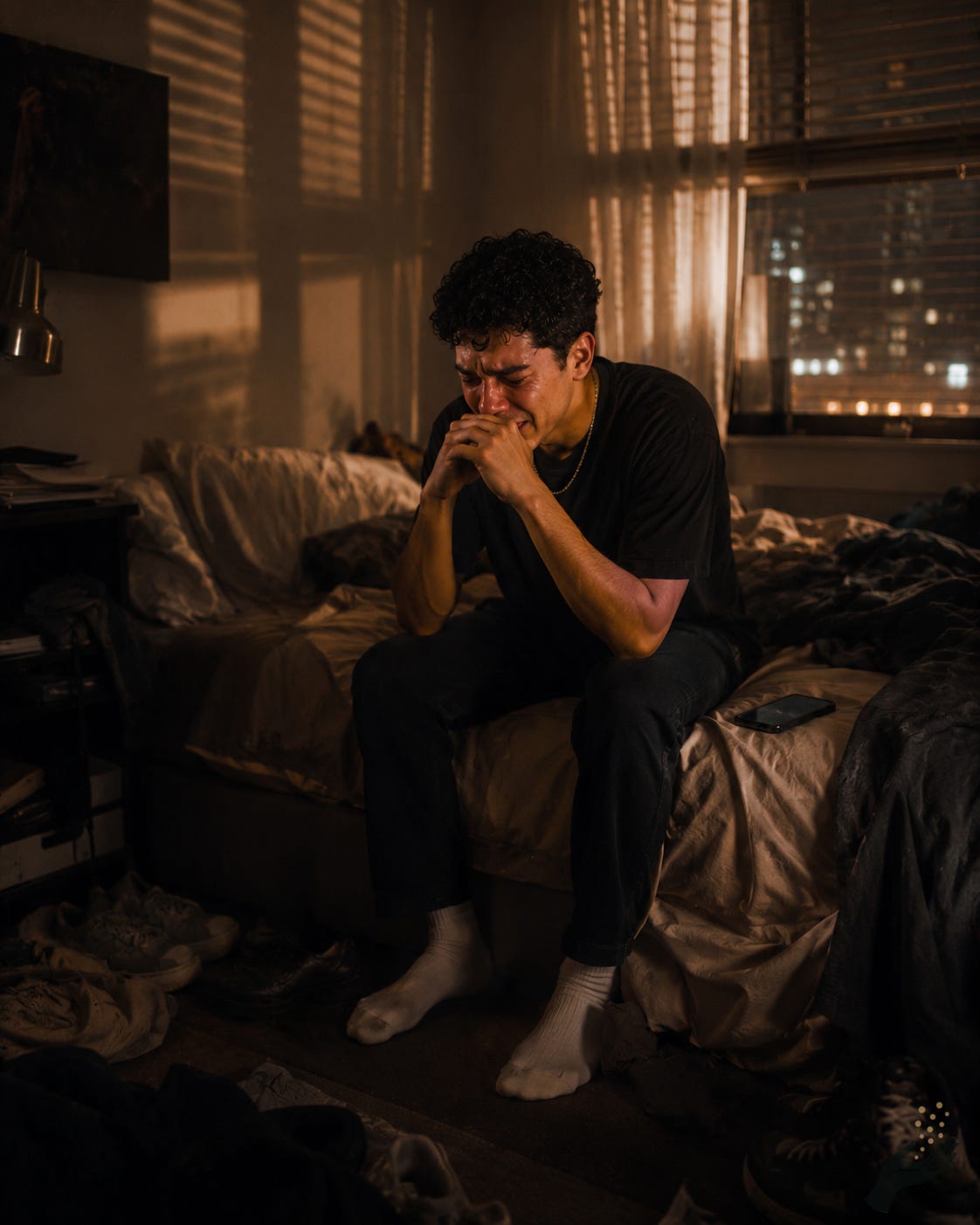 A young man sits on the edge of an unmade bed in a dim bedroom, crying with his hands near his face. City light filters through window blinds, and the room contains scattered clothes, shoes, a lamp, and a phone.