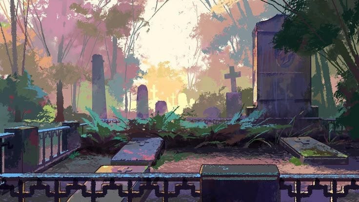 This may contain: an artistic painting of a cemetery in the woods