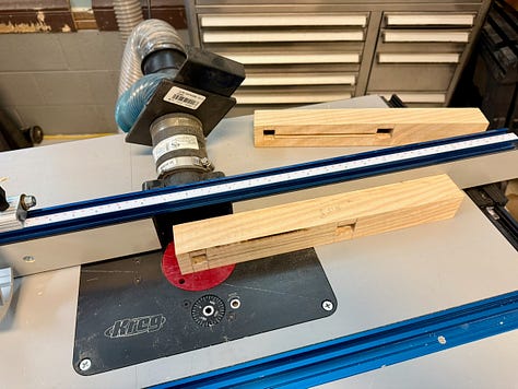 Three-step woodworking process. Left: wooden legs and rails laid out on a table saw for fitting. Center: cutting grooves into rails with a router table. Right: bench frame clamped together on a workbench during glue-up.