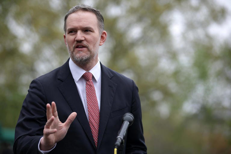 U.S. Trade Representative Jamieson Greer speaks to members of the press outside the West Wing of the White House on April 2, 2026 in Washington, DC. Greer spoke about oil prices and pharmaceutical tariffs mentioned in a recent executive order signed by President Donald Trump.
