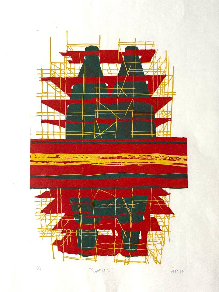 The four different versions of the completed set: 1. Light grey scaffolding, mid grey platforms and almost black kilns; 2yellow scaffolding, red platforms and jade kilns; 3. yellow scaffolding, red platforms and purply black kilns; 4. soft dawn light background, light grey scaffolding, light brown platforms with a darker brown wall, and a chocolatey brown shade for the kilns.